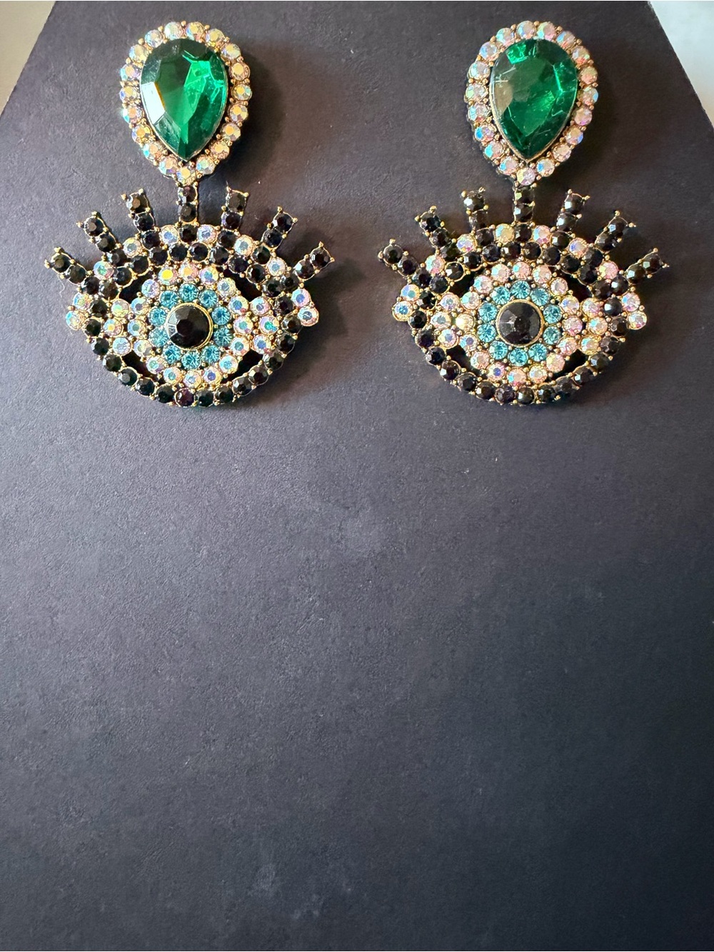 Gold-Tone Green & Black Crystal Eye Drop Earrings